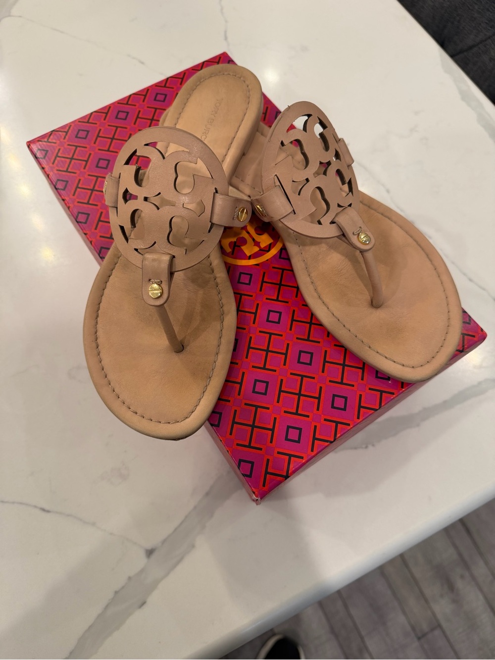 Tory Burch Nude Tan Logo Thong Sandals